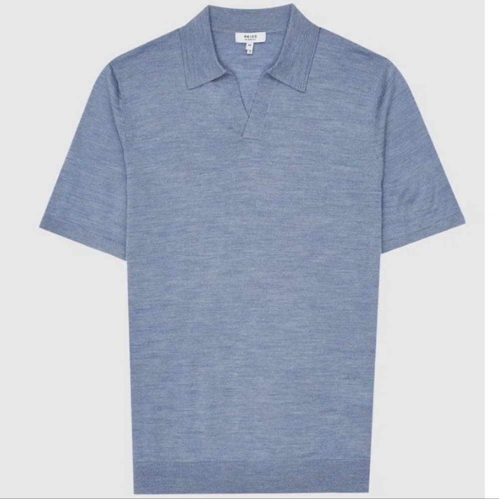 REISS Open Collar Duchie Merino Wool Short Sleeve Polo Shirt Quiet Luxury Blue L